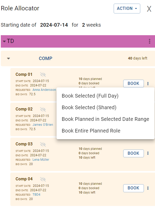 Crew Planner Booking Options